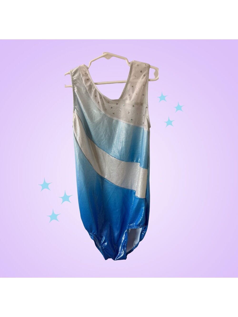 Girls Size 170 (15-16) Blue Silver Rhinestone Mesh Gymnastics Leotard